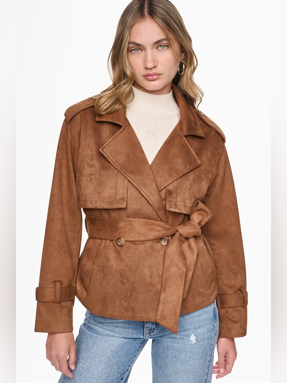 BNWT! DKNY Jeans Faux-Suede Short Trench Jacket - Burnt Sugar - Size S